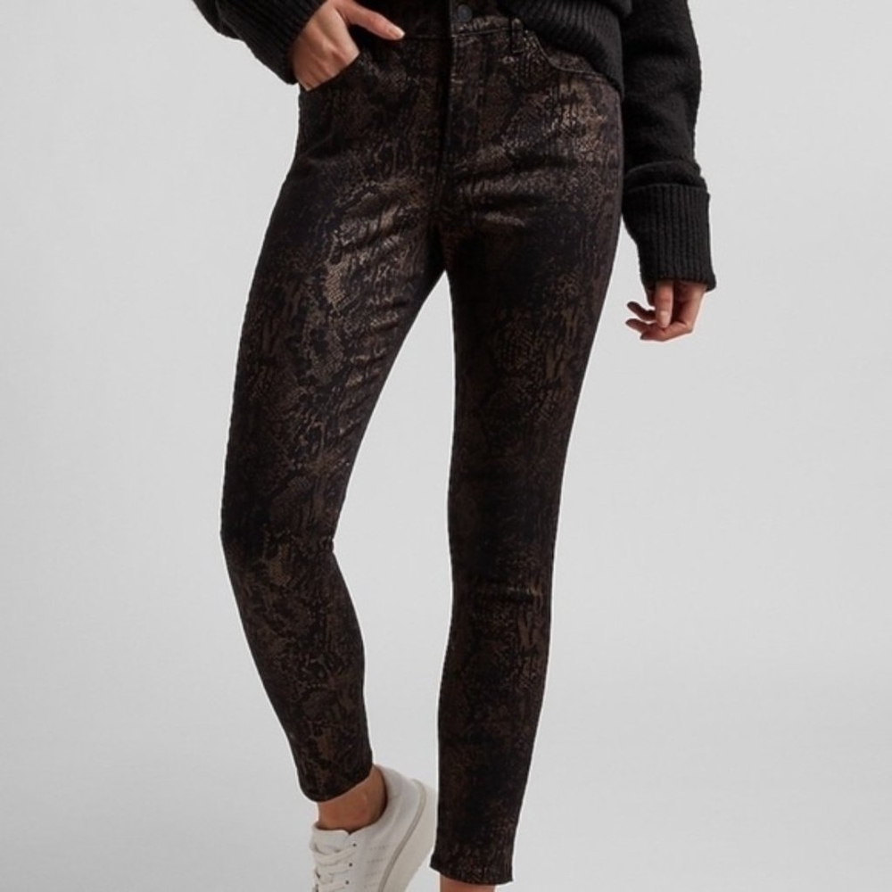 NWT High Rise Skinny Metallic Gold Foil Print Jean (Black/Gold) - EXPRESS